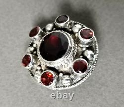 Antique Brooch Pendant Garnet Stones Set in Solid Silver