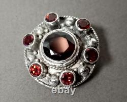 Antique Brooch Pendant Garnet Stones Set in Solid Silver