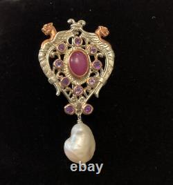 Antique Brooch Rose Gold Solid Silver Ruby Amethysts Natural Baroque Pearl