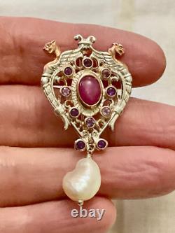 Antique Brooch Rose Gold Solid Silver Ruby Amethysts Natural Baroque Pearl