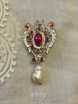 Antique Brooch Rose Gold Solid Silver Ruby Amethysts Natural Baroque Pearl