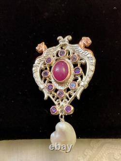 Antique Brooch Rose Gold Solid Silver Ruby Amethysts Natural Baroque Pearl