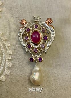 Antique Brooch Rose Gold Solid Silver Ruby Amethysts Natural Baroque Pearl