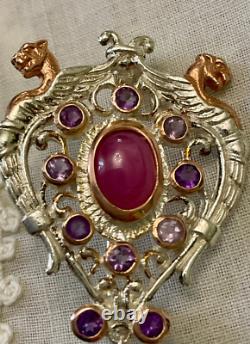 Antique Brooch Rose Gold Solid Silver Ruby Amethysts Natural Baroque Pearl