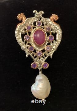 Antique Brooch Rose Gold Solid Silver Ruby Amethysts Natural Baroque Pearl