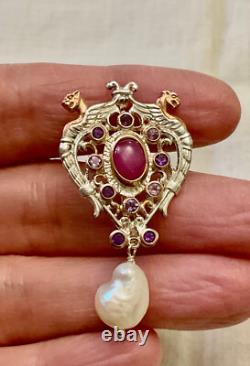 Antique Brooch Rose Gold Solid Silver Ruby Amethysts Natural Baroque Pearl