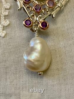 Antique Brooch Rose Gold Solid Silver Ruby Amethysts Natural Baroque Pearl
