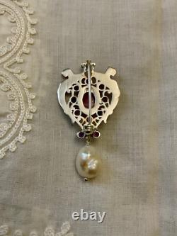 Antique Brooch Rose Gold Solid Silver Ruby Amethysts Natural Baroque Pearl