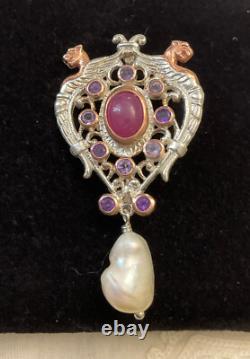 Antique Brooch Rose Gold Solid Silver Ruby Amethysts Natural Baroque Pearl
