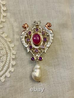 Antique Brooch Rose Gold Solid Silver Ruby Amethysts Natural Baroque Pearl