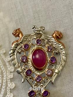 Antique Brooch Rose Gold Solid Silver Ruby Amethysts Natural Baroque Pearl