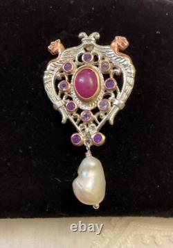 Antique Brooch Rose Gold Solid Silver Ruby Amethysts Natural Baroque Pearl