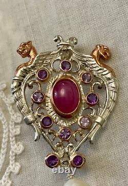Antique Brooch Rose Gold Solid Silver Ruby Amethysts Natural Baroque Pearl