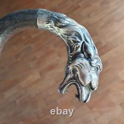 Antique Cane Lion Head Solid Silver Walking Stick