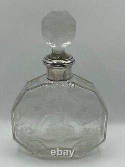 Antique Carafe with Solid Silver Collar, Bohemian Crystal, Floral Engraving, 19th Century