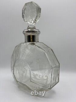 Antique Carafe with Solid Silver Collar, Bohemian Crystal, Floral Engraving, 19th Century