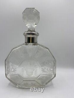Antique Carafe with Solid Silver Collar, Bohemian Crystal, Floral Engraving, 19th Century