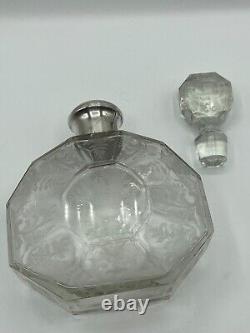 Antique Carafe with Solid Silver Collar, Bohemian Crystal, Floral Engraving, 19th Century