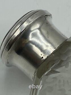 Antique Carafe with Solid Silver Collar, Bohemian Crystal, Floral Engraving, 19th Century