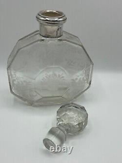 Antique Carafe with Solid Silver Collar, Bohemian Crystal, Floral Engraving, 19th Century