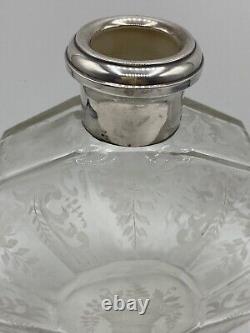 Antique Carafe with Solid Silver Collar, Bohemian Crystal, Floral Engraving, 19th Century