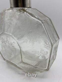 Antique Carafe with Solid Silver Collar, Bohemian Crystal, Floral Engraving, 19th Century