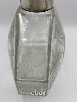 Antique Carafe with Solid Silver Collar, Bohemian Crystal, Floral Engraving, 19th Century