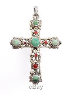 Antique Cross In Sterling Silver Cabochons Of Turquoise And Carnelian