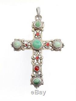 Antique Cross In Sterling Silver Cabochons Of Turquoise And Carnelian