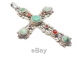 Antique Cross In Sterling Silver Cabochons Of Turquoise And Carnelian