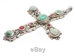 Antique Cross In Sterling Silver Cabochons Of Turquoise And Carnelian