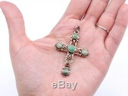 Antique Cross In Sterling Silver Cabochons Of Turquoise And Carnelian