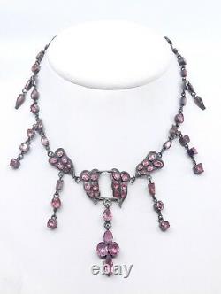 Antique Drapery Necklace In Solid Silver And Rhine Stones On 19th-century Paillon