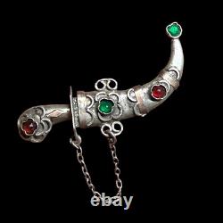Antique Eastern Dagger Brooch in Solid Silver & Adorned with Stones & 19th Century