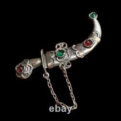 Antique Eastern Dagger Brooch in Solid Silver & Adorned with Stones & 19th Century