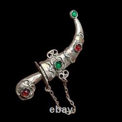 Antique Eastern Dagger Brooch in Solid Silver & Adorned with Stones & 19th Century