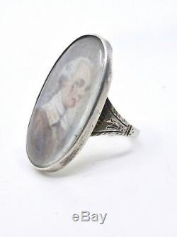 Antique Eighteenth Ring In Sterling Silver Miniature Painting Portrait Noblesse