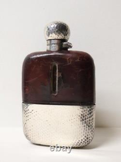 Antique English Hunting/Pocket Flask, Blown Glass, Leather, Solid Silver, 19th Century