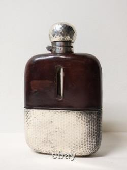 Antique English Hunting/Pocket Flask, Blown Glass, Leather, Solid Silver, 19th Century