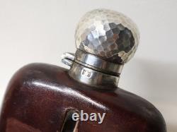 Antique English Hunting/Pocket Flask, Blown Glass, Leather, Solid Silver, 19th Century