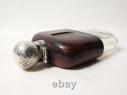Antique English Hunting/Pocket Flask, Blown Glass, Leather, Solid Silver, 19th Century