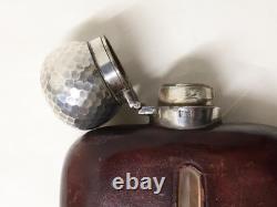 Antique English Hunting/Pocket Flask, Blown Glass, Leather, Solid Silver, 19th Century
