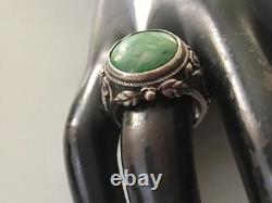 Antique Floral Solid Silver Turquoise Ring, 19th Century, Size 54.5, Hallmarked