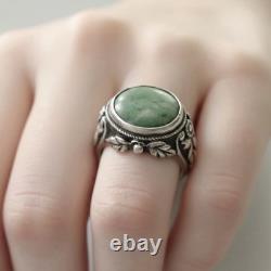 Antique Floral Solid Silver Turquoise Ring, 19th Century, Size 54.5, Hallmarked