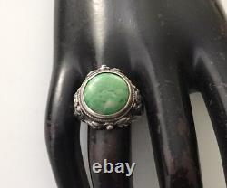 Antique Floral Solid Silver Turquoise Ring, 19th Century, Size 54.5, Hallmarked