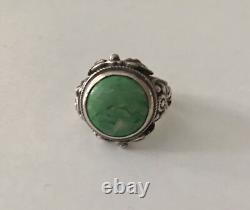 Antique Floral Solid Silver Turquoise Ring, 19th Century, Size 54.5, Hallmarked