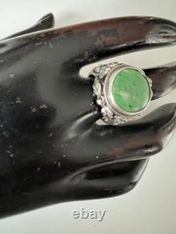 Antique Floral Solid Silver Turquoise Ring, 19th Century, Size 54.5, Hallmarked