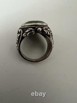 Antique Floral Solid Silver Turquoise Ring, 19th Century, Size 54.5, Hallmarked