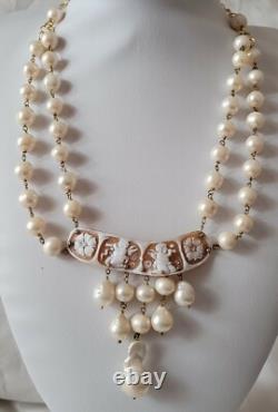 Antique Genuine Cameo Angel Necklace, 2 Rows, Real Pearls / Vermeil # K21