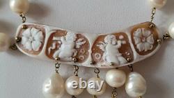 Antique Genuine Cameo Angel Necklace, 2 Rows, Real Pearls / Vermeil # K21
